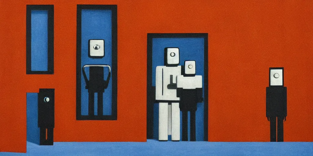Image similar to a robot and a human standing next to each other staring out a window in the future, perfect symmetry, warm colors, in the style of gertrude abercrombie, whimsical, surreal, super focus, emotional colors, h 1 0 2 4