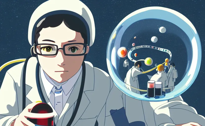 Prompt: a film still portrait of a nerdy scientist rocketing in a hallway cubic snake bubble, finely detailed features, closeup at the faces, perfect art, grimdark, trending on pixiv fanbox, painted by studio ghibli