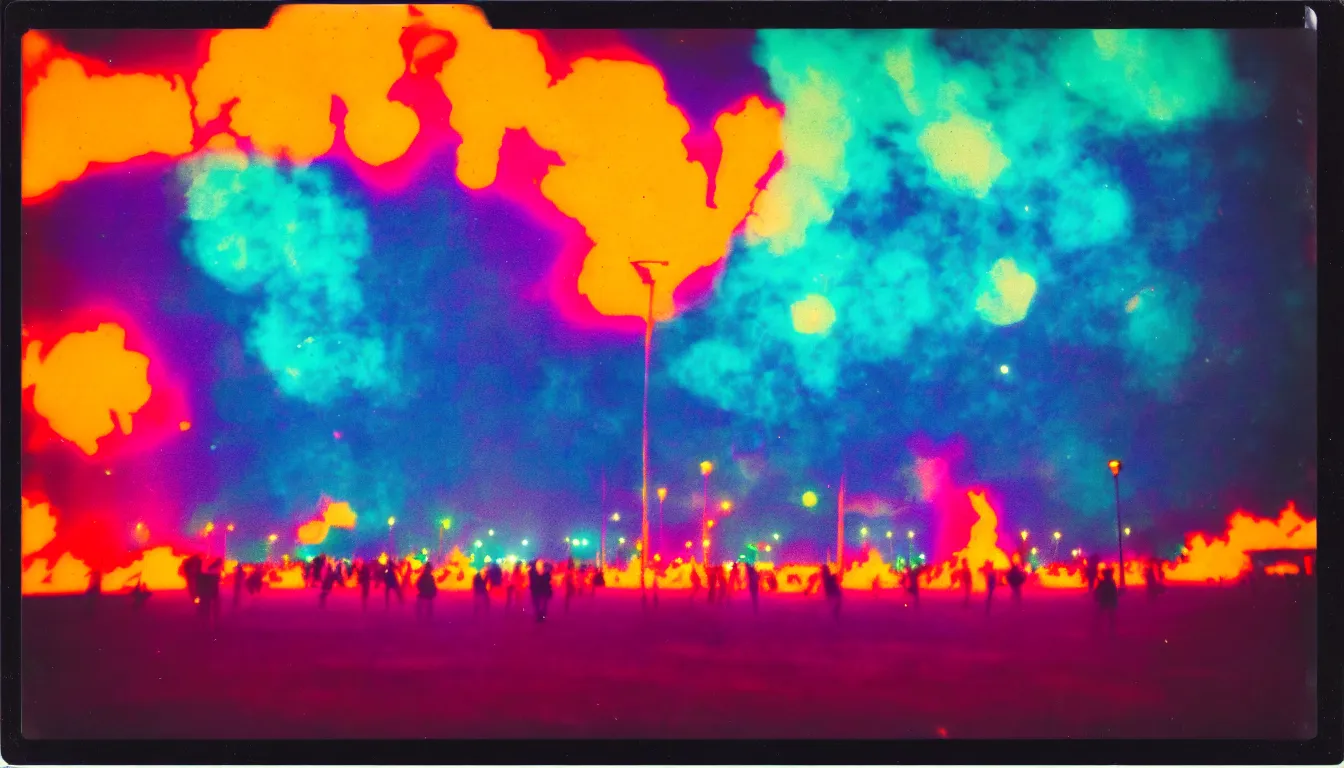 Image similar to colorful instant photograph of burning man at night, polaroid, light leak, raw, nostalgic