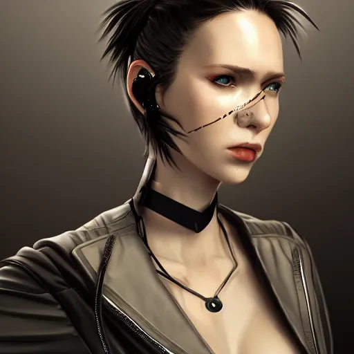 Image similar to female character cyberpunk wearing technological collar around neck, realistic, art, beautiful, 4K, collar, choker, collar around neck, punk, artstation, detailed,