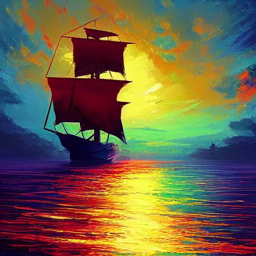 Image similar to A pirate on the high seas that has magical pearlescent shimmering see through sails, painting by Alena Aenami