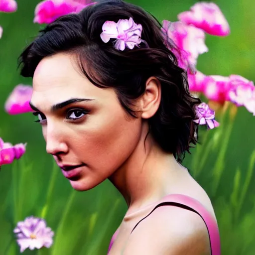 Image similar to photo of the beauty gal gadot, she is posing while maintain a sweet eye contact to the camera, she has a crown of flowers, the photo was taken at sunset with a bokeh effect, photo by iris edward steichen, photorealistic, matte painting, hyper realistic, 4 k, 8 k, cinematic composition, hd, highly detailed, trending on artstation