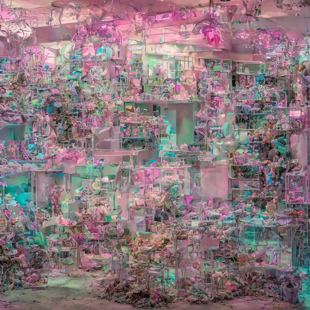 Image similar to futuristic, pastel colors, hd 8 k, digital design, abandoned, overgrown, candy shop in a mall