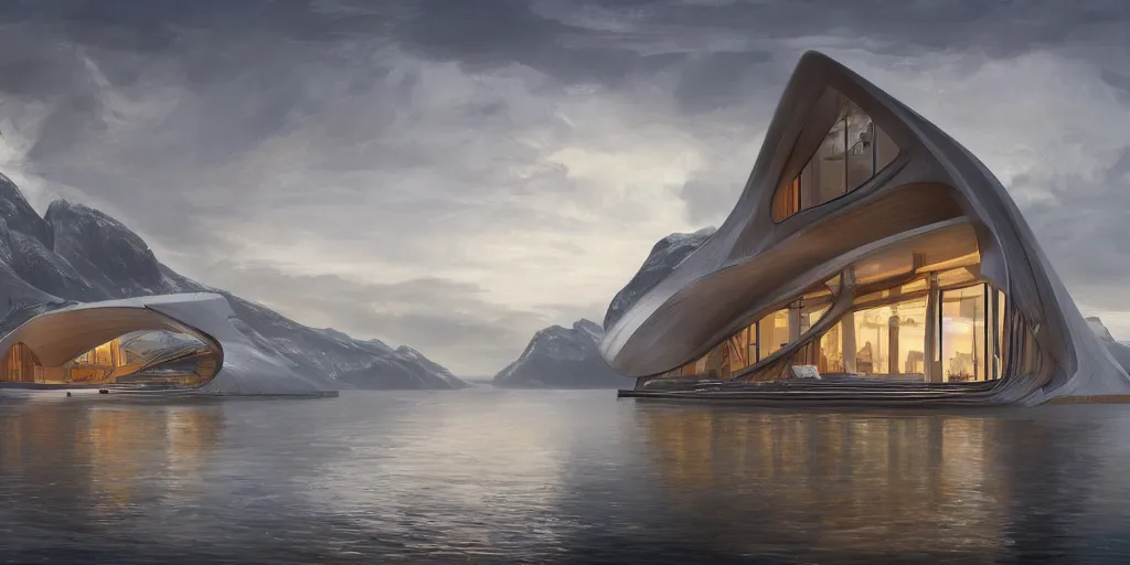 Image similar to norwegian fjord beach house designed by zaha hadid, intricate, highly detailed, digital painting, trending on artstation, concept art, smooth, sharp focus, backlit, rim light, vivid colors, illustration, unreal engine 5, 8 k, art by rossdraws and alphonse mucha