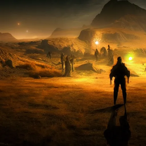 Image similar to huge plateau, extreme drama, distant glowing figures, hdr, movie still, fully photorealistic, artstation, beautiful concept art, sharp luminescent focus, nd 6, sony fx 6, glowing luminescent invocations