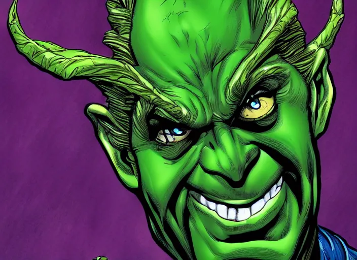 Prompt: portrait of hyper realistic comic green goblin