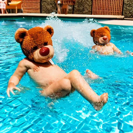 Prompt: teddy bears playing in the pool