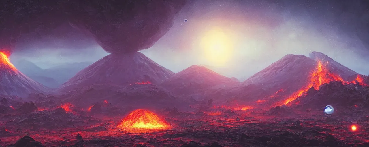 Prompt: ” outer planet with volcanoes, [ art by paul lehr, cinematic, detailed, epic, widescreen, opening, establishing, mattepainting, photorealistic, realistic textures, octane render ] ”