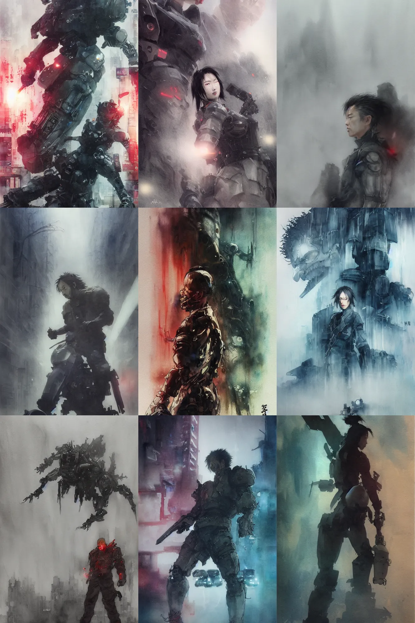 Prompt: incredible ruan jia movie poster, painted ,masterful detailed watercolor, japan, jason chan, anime face, yoji shinkawa, kastuhiro otomo, kaiju broken robot limbs claw at the the fog in the background, foggy, light rain, sparks, movie scene close up emotional miss Kusanagi face, short bob hair, wet highway chase, brown mud, dust, robot arm, emotional face shot ,light rain, glowing japanese advertisements on buildings, hd, 4k, remaster, dynamic camera angle, deep 3 point perspective, fish eye, dynamic scene