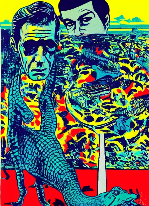 Image similar to a picture of robert forster in alligator ( 1 9 8 0 ), a screenprint by tadanori yokoo, trending on deviantart, naive art, soviet propaganda, 1 9 7 0 s, concert poster