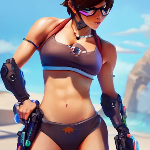 Image similar to overwatch tracer in a bikini, digital art, pretty face, very beautiful face, very detailed eyes, 8 k resolution, by wlop, greg rutkowski, full body