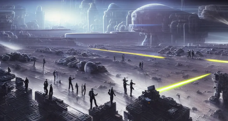 Prompt: a highly detailed digital matte painting of a mob of armed workers in power suits with laser rifles gathered outside a high-tech industrial building on the surface of an asteroid in space, by Raphael Lacoste and Stephan Martiniere and Peter Mohrbacher and Robert McCall, volumetric lighting, hyperdetailed, octane render, 8k H- 640