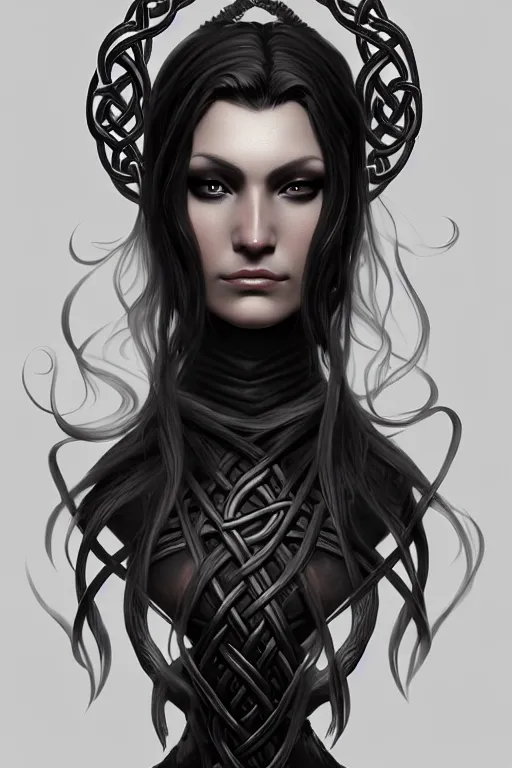 Prompt: portrait of celtic dark goddess, middle shot, digital art, highly detailed, intricate, sharp focus, Trending on Artstation, HQ, unreal engine 5, 4K UHD image, by brom, artgerm, face by Otto Schmidt