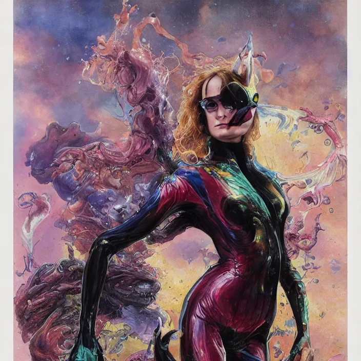 Image similar to a portrait photograph of brie larson as a brightly colored cat hybrid super hero witch with wet mutated scaled skin. wearing a infected transparant organic catsuit. by tom bagshaw, donato giancola, hans holbein, walton ford, gaston bussiere, peter mohrbacher, brian froud and iris van herpen. 8 k, cgsociety