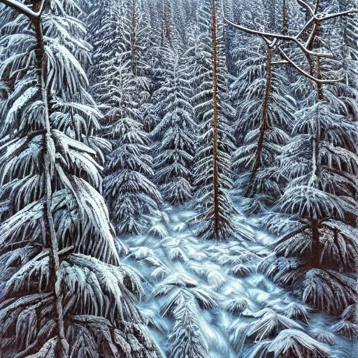 Prompt: Sharp icy frozen forest. Highly Detailed. Masterpiece. By Jeffrey Smith