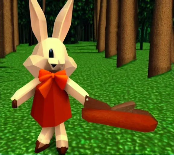 Prompt: a bunny holding a carrot in a forest, screenshot of a 1994 PS1 game, polygonal 3D