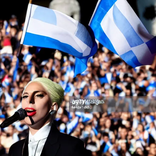 Image similar to Lady Gaga as president, Argentina presidential rally, Argentine flags behind, bokeh, giving a speech, detailed face, Argentina