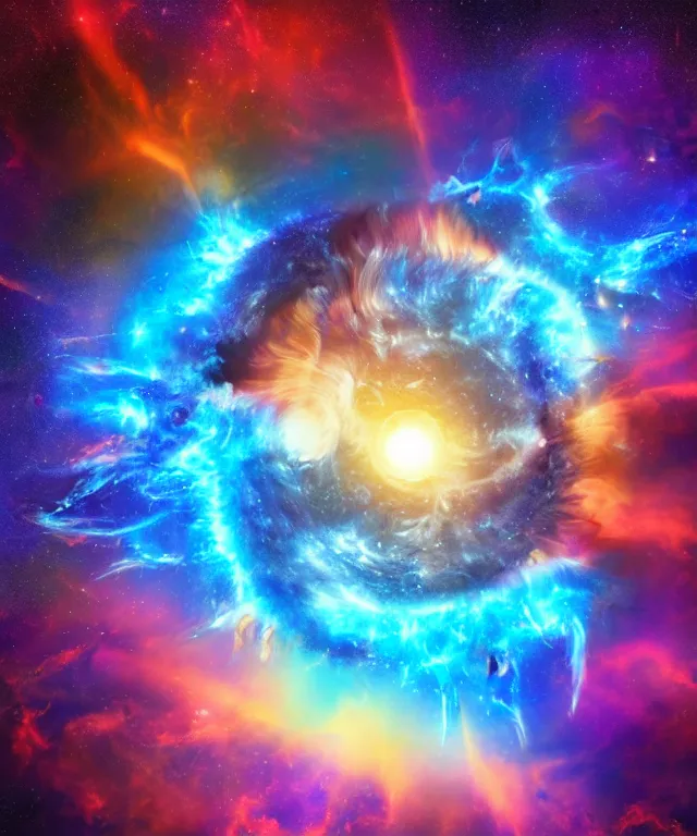 Image similar to black hole, sun, space, photorealistic, bright colors, phoenix flames, nebula clouds, soft tones