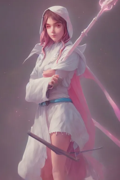 Prompt: portrait of a cute white mage girl with a staff in mage armor, soft, pink and blue, by tom bagshaw and atey ghailan and artgerm and and greg rutkowski, hyper realistic, octane render, trending on artstation