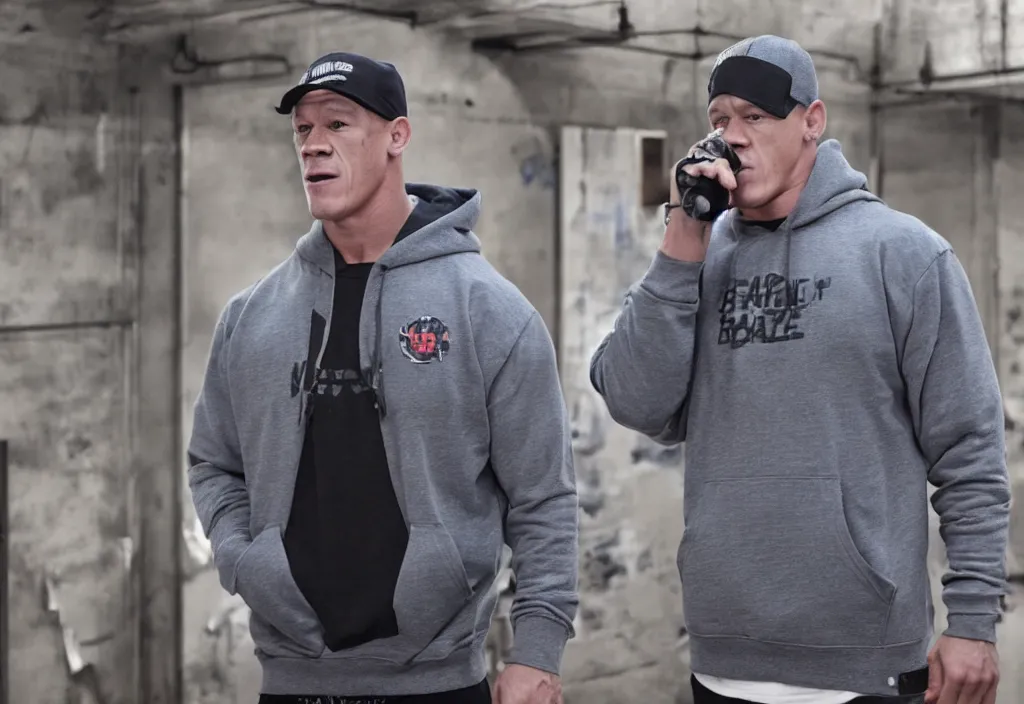 Image similar to john cena with a gray cap and a gray hoodie with the hood on. He's in a rap battle at an abandoned warehouse. A big crowd of people is watching. Lose yourself by eminem music video.