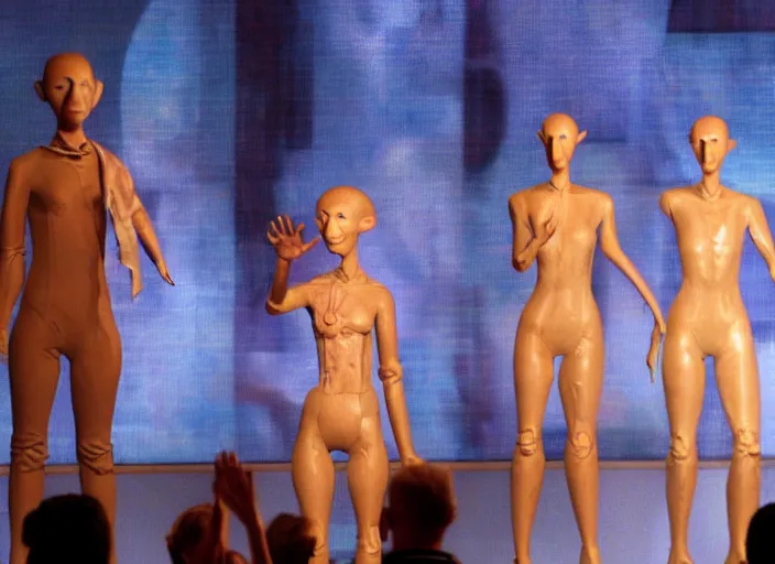 Image similar to illuminati ritual on stage stage of the elen degeneres show, dobby mannequins praising elen degeneres, detailed facial expression
