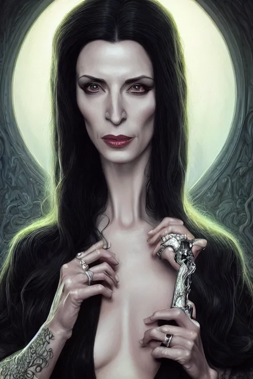 Prompt: ultra realistic illustration, claudia black as morticia addams from baldurs gate and diablo, intricate, elegant, highly detailed, digital painting, artstation, concept art, smooth, sharp focus, illustration, art by artgerm and greg rutkowski and alphonse mucha