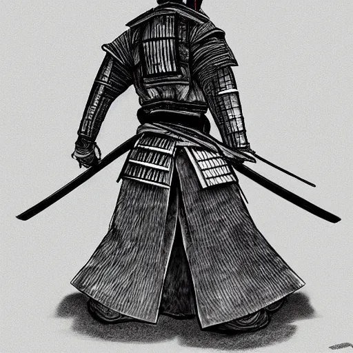 Image similar to A FULL BODY PORTRAIT FROM BEHIND OF A SAMURAI THAT HOLDS 2 KATANAS FROM VAGABOND, ,detailed, concept art, ink style , sketch black and white colors