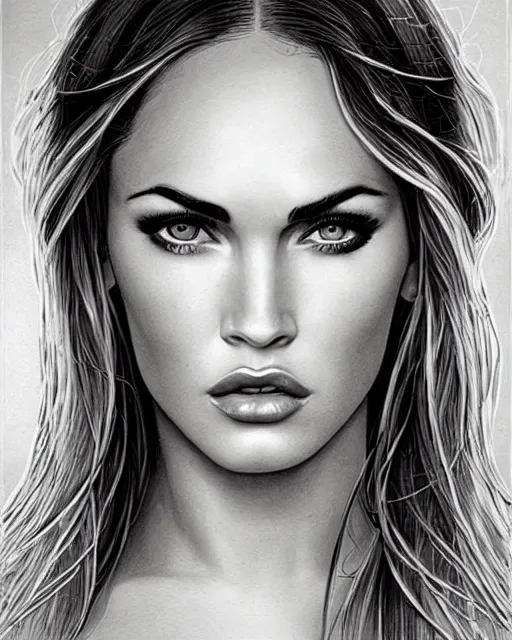 Image similar to portrait of beautiful megan fox as greek goddess aphrodite, archer, arrow on the head, beautiful piercing eyes, flowing blonde hair, realistic face, black and white drawing, in the style of greg rutkowski, fantasy, amazing detail, epic, intricate, elegant, smooth, sharp focus