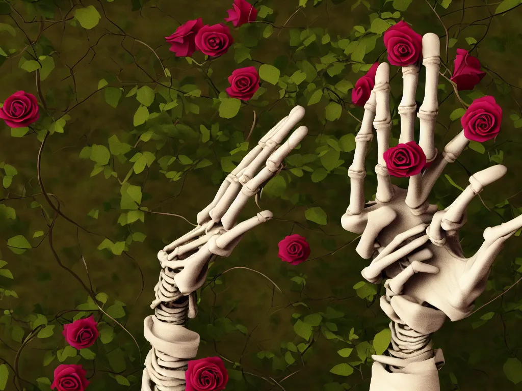 Prompt: a skeleton hand reaching out of the ground, roses and vines sprouting and wrapping around the hand, kintsugi, ornamented diaphanous jewelry, forest in background, 4k, trending on artstation, photorealistic, volumetric lighting, octane render,