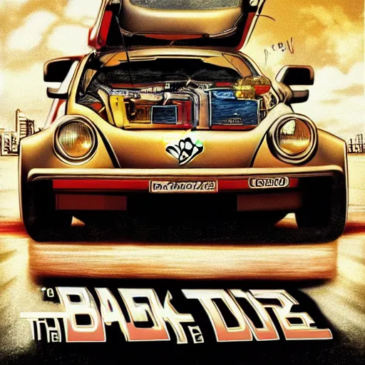 Image similar to back to the future with a volkswagen beetle, movie poster, epic lighting, eighties, sci - fi, artistic