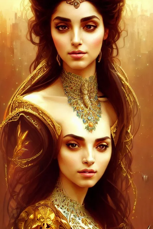 Image similar to Beautiful portrait of an attractive Persian Princess who is an architect, beautiful princess, face painting, dramatic lighting, intricate, wild, highly detailed, digital painting, artstation, concept art, smooth, sharp focus, illustration, art by artgerm and greg rutkowski and alphonse mucha, footage from space camera