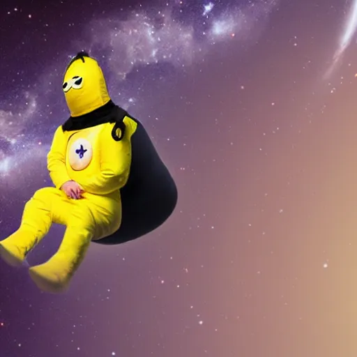 Image similar to man floating in space wearing a banana costume