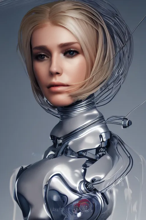 Image similar to a beautiful woman with blonde hair wearing robot suit with wires and light, highly detailed, photorealistic, artstation, smooth