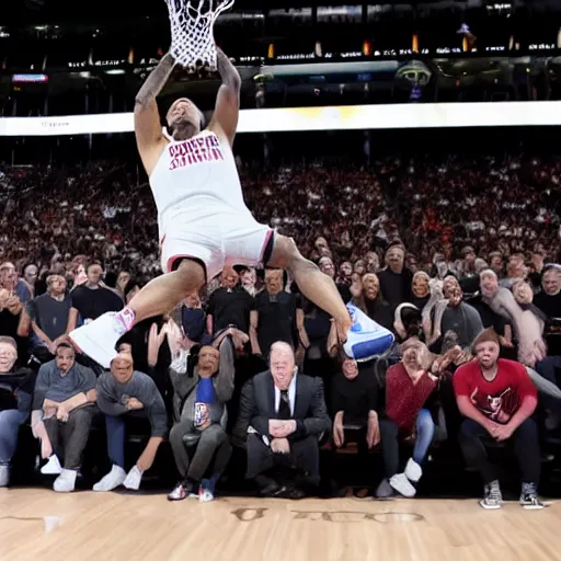 Image similar to elon musk slam dunks in the 2 0 1 9 nba slam dunking contest, full - body shot