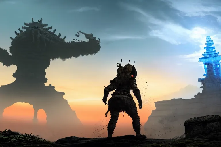 Prompt: incredible screenshot of shadow of the colossus on PS5, blinding red orange sky, dynamic camera angle, deep 3 point perspective, fish eye, dynamic extreme foreshortening of wander reaching the top of an electric squid octopus Colossus, huge ocean waves, by phil hale, ashley wood, geoff darrow, james jean, 8k, hd, high resolution print