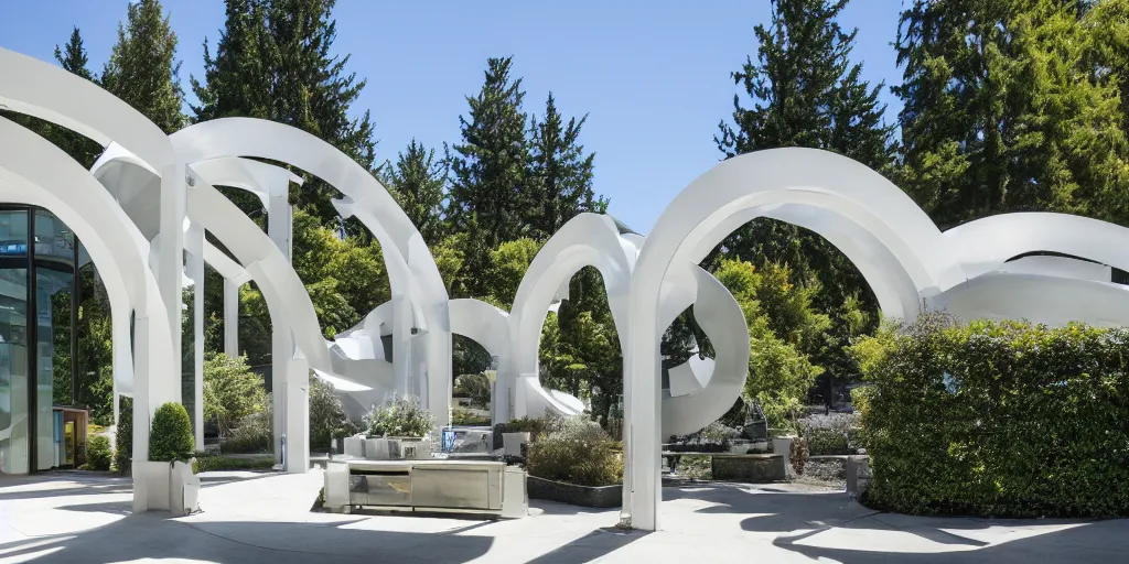 Prompt: residence in the style of seattle's pacific science center, white crisscrossing arches, fountains