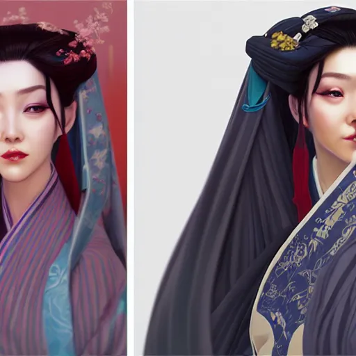 Image similar to woman wearing hanfu, middle shot, digital art, highly detailed, intricate, sharp focus, Trending on Artstation, HQ, unreal engine 5, 4K UHD image, by brom, loish, artgerm, face by Otto Schmidt