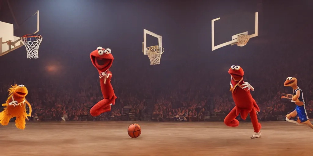 Prompt: muppets playing basketball, ultra realistic, ultra detail, atmospheric, volumetric lighting