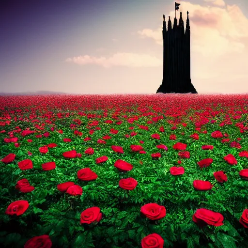 Image similar to photo of a beautiful field of roses with a dark tower in the center. night. photorealism. 4 k. national geographic. high detail