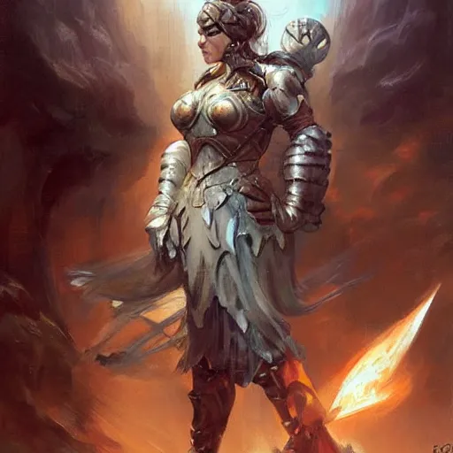 Image similar to A beautiful oil painting of a pretty old lady in armor by Lucas Graciano, Frank Frazetta, Greg Rutkowski, Boris Vallejo, epic, fantasy, character art, high fantasy