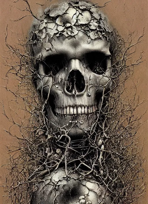 Prompt: cyberpunk skull, ivy, death, intricate detail by zdislaw beksinski