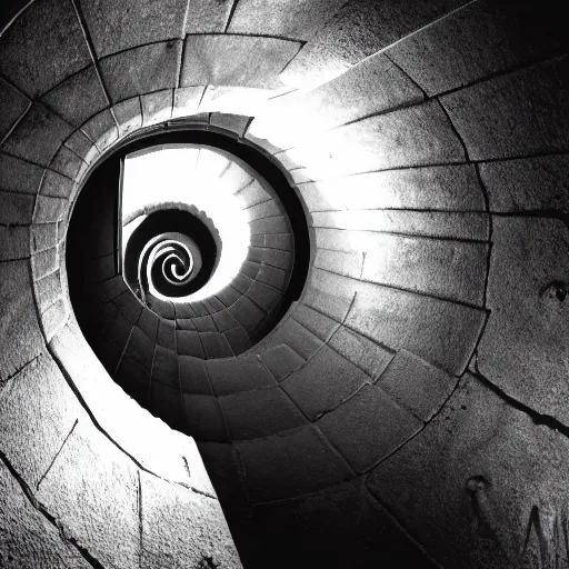 Prompt: creepy photo of a spiral staircase in a sewer