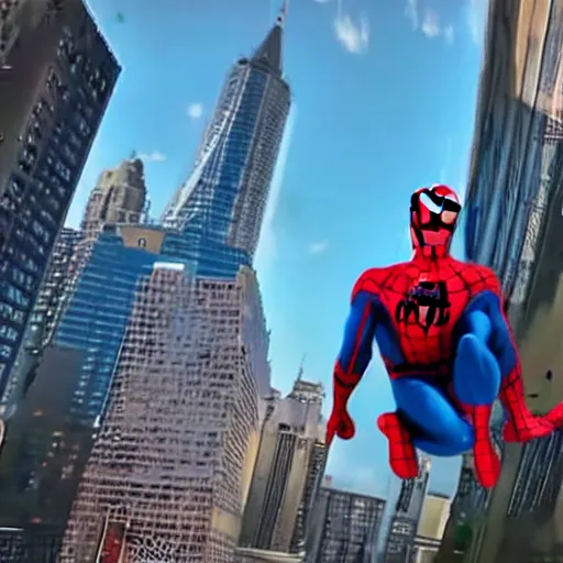 Image similar to GoPro footage of Spider-Man swinging through the city