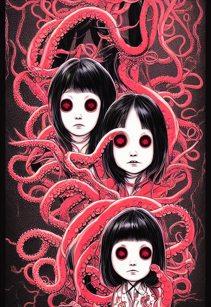 Image similar to a comic book style japanese horror poster of girl with large eyes by dan mumford, yusuke murata and junji ito, blood lines, yokai, shinigami, eyes, shurikens, kanji, tentacles, synthwave, 8k, unreal engine, trending on artstation, pixiv, intricate details, volumetric lighting