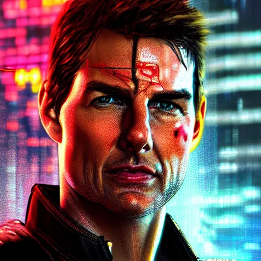 Image similar to tom cruise portrait, Cyberpunk 2077, cyberpsycho, photorealistic, ultra detailed, neon, octane, bokeh, cyber, cyberpunk city, feature, scars, cyberface, 8k