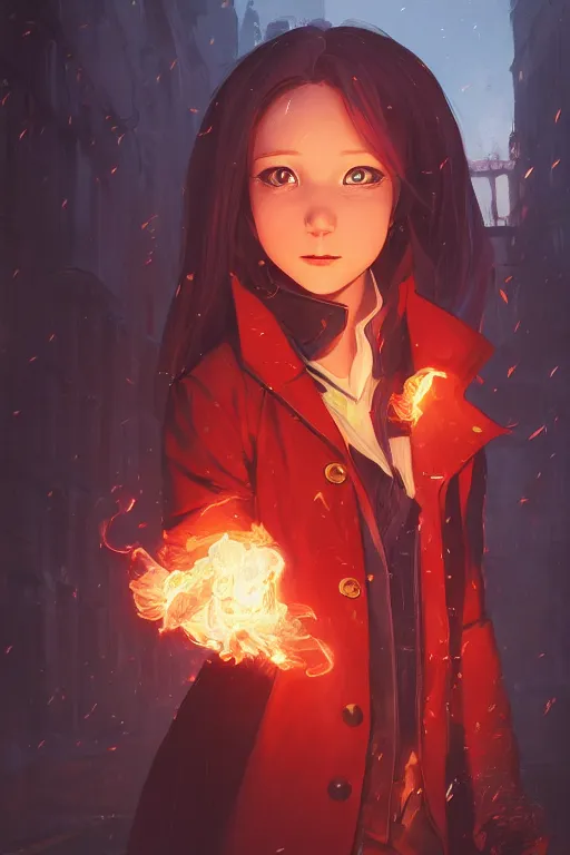 Image similar to a portrait of a cute young female wizard wearing a very stylish coat and holding a fireball, embers flying, urban fantasy setting, narrow street, vivid colors, warm lighting, atmospheric, cinematic, moody, in the style of Ilya Kuvshinov and Range Murata, Krenz Cushart, oil on canvas, 8k