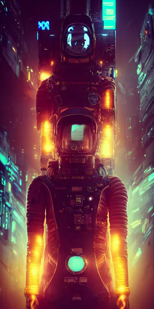 Image similar to professional photo of astronaut from front standing very close to camera from low angle shot, cyberpunk, synthwave, blade runner, hyperrealistic masterpiece, trending on artstation, cgsociety, kodakchrome, golden ratio, cinematic, composition, beautiful lighting, hyper detailed, sharp focus, octane render, 4 k, unreal engine