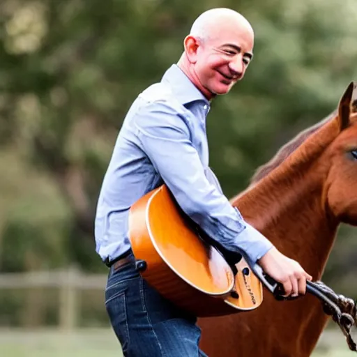 Prompt: Jeff Bezos riding a horse holding his acoustic guitar