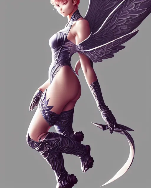 Prompt: 3 / 4 view of woman with wings, confident pose, pixie character, genshin impact, intricate, elegant, sharp focus, illustration, highly detailed, concept art, matte, artgerm, anime, trending on artstation