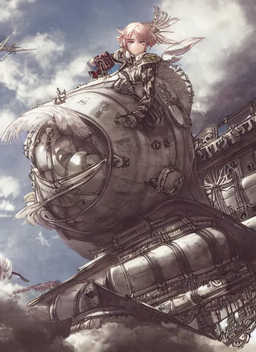 Image similar to character portrait of the white herald on an imperial airship, hidari, color page, tankoban, 4K, tone mapping, Akihiko Yoshida.